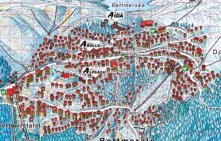 Ortsplan Bettmeralp mit Haus Arolle, Alpsägu und Aida